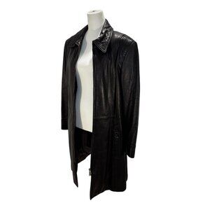 Danier Canada Black Genuine Leather Long Trench Coat, Jacket, Double zip